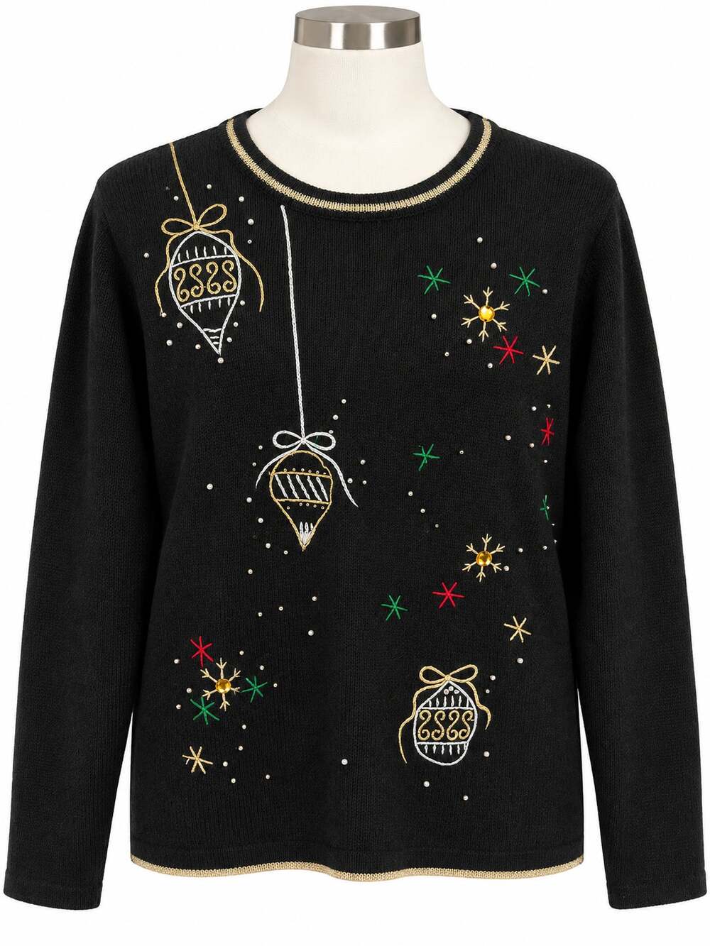 Christmas Sweater Black Ornament Embroidered Beaded Holiday Festive Womens M